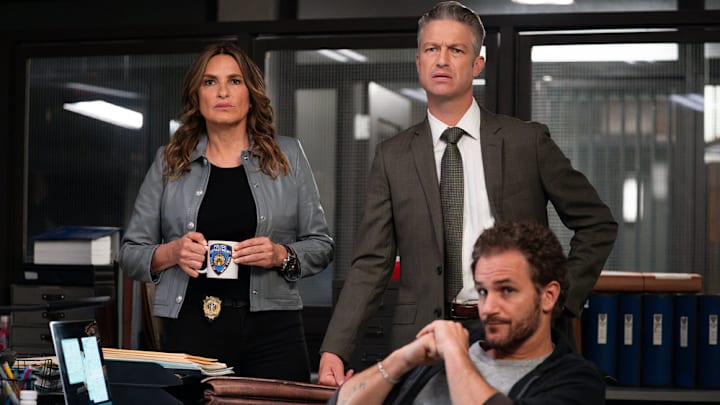 LAW & ORDER: SPECIAL VICTIMS UNIT -- "Fractured" Episode 26001 -- Pictured: (l-r) Mariska Hargitay as Capt. Olivia Benson, Peter Scanavino as A.D.A Dominick "Sonny" Carisi Jr., Kevin Kane as Det. Terry Bruno -- (Photo by: Ralph Bavaro/NBC)