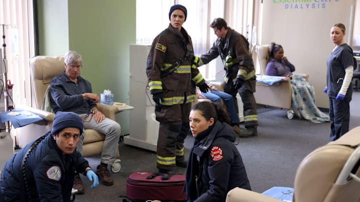 CHICAGO FIRE -- "All the Dark" Episode 12008 -- Pictured: (l-r) Wesam Keesh as Lennox, Miranda Rae Mayo as Stella Kid, Hanako Greensmith as Violet Mikami, Jake Lockett as Sam Carver -- (Photo by: Adrian S Burrows Sr/NBC)