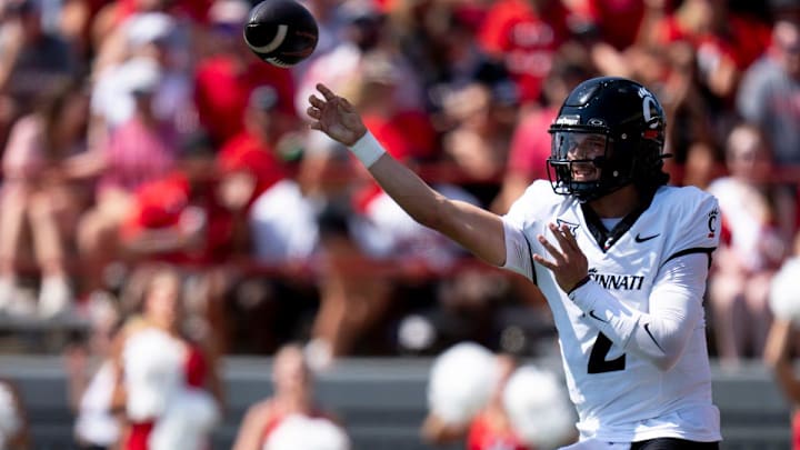 Cincinnati Bearcats quarterback Brendan Sorsby (2) throws a pass in the second quarter of the College Football game against the Miami Redhawks at Yager Stadium in Cincinnati on Saturday, Sept. 14, 2024.