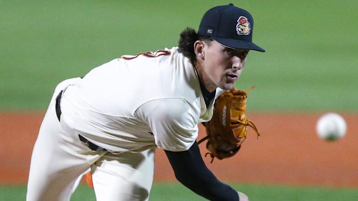 Oregon State's Dax Whitney pitches the ball during an NCAA college baseball game at Goss Stadium on Friday, March 6, 2026, in Corvallis, Ore.