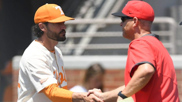 Tennessee baseball head coach Tony Vitello shakes hands with Georgia head coach Scott Stricklin during a game between Tennessee and Georgia at Lindsey Nelson Stadium in Knoxville, Tenn. on Saturday, May 14, 2022. Georgia defeated Tennessee 8-3.
Scott Stricklin Tennessee baseball head coach Tony Vitello shakes hands with Georgia head coach Scott Stricklin during a game between Tennessee and Georgia at Lindsey Nelson Stadium in Knoxville, Tenn. on Saturday, May 14, 2022. Georgia defeated Tennessee 8-3.
Scott Stricklin