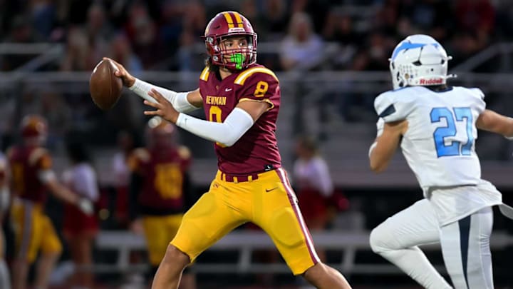 Cardinal Newman freshman QB Tino Retamoza vs. Pleasant Valley, a 37-10 win on Oct. 1, 2024. Retamoza threw for 181 yards and one touchdown. 