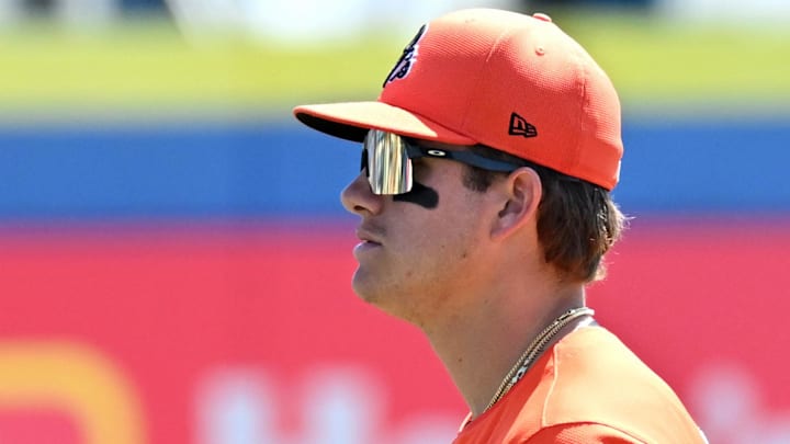 Mar 19, 2024; Dunedin, Florida, USA; Baltimore Orioles third baseman Coby Mayo (86) warms up before the start  of the spring training game against the Toronto Blue Jays at TD Ballpark. 