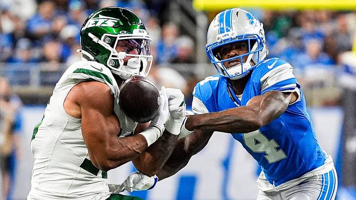 Detroit Lions cornerback D.J. Reed (4) breaks a pass intended for New York Jets tight end Kenyon Sadiq (16) during the first half at Ford Field in Detroit on Sunday, Sept. 27, 2026. Detroit Lions cornerback D.J. Reed (4) breaks a pass intended for New York Jets tight end Kenyon Sadiq (16) during the first half at Ford Field in Detroit on Sunday, Sept. 27, 2026.