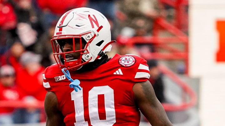 Nov 11, 2023; Lincoln, Nebraska, USA; Nebraska Cornhuskers linebacker Jimari Butler (10) during the first quarter against the Maryland Terrapins at Memorial Stadium. Mandatory Credit: Dylan Widger-Imagn Images