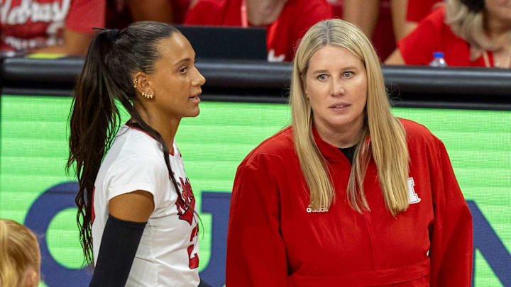 Nebraska outside hitter Harper Murray confers with Head Coach Dani Busboom Kelly after a call during the Red-White Scrimmage on Saturday.