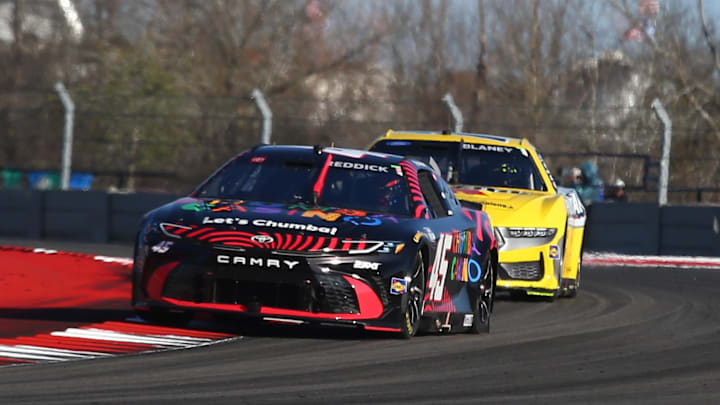 Mar 1, 2026; Austin, Texas, USA;  NASCAR Cup Series driver Tyler Reddick (45) leads NASCAR Cup Series driver Ryan Blaney (12) through turn 17 during the NASCAR Cup Series Duramax Texas Grand Prix Powered by RelaDyne at Circuit of the Americas.
