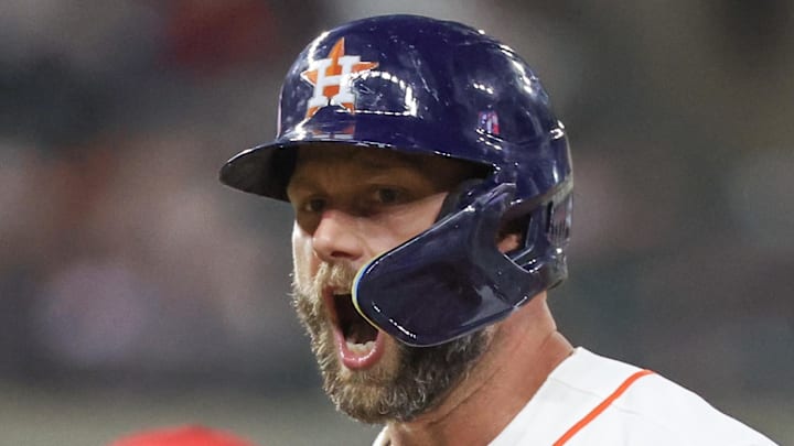 Mar 28, 2026; Houston, Texas, USA; Houston Astros first baseman Christian Walker (8) reacts after hitting an RBI single against the Los Angeles Angels in the sixth inning at Daikin Park. Mandatory Credit: Thomas Shea-Imagn Images
