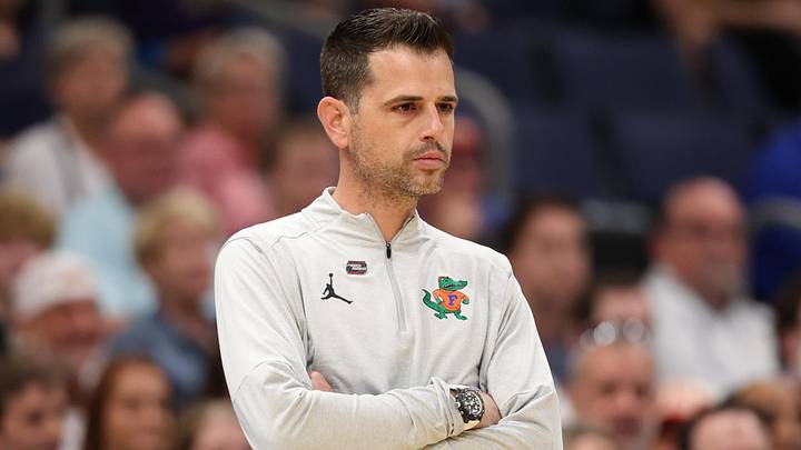 Mar 22, 2026; Tampa, FL, USA; Florida Gators head coach Todd Golden looks on against the Iowa Hawkeyes in the first half during a second round game of the men's 2026 NCAA Tournament at Benchmark International Arena. Mandatory Credit: Matt Pendleton-Imagn Images