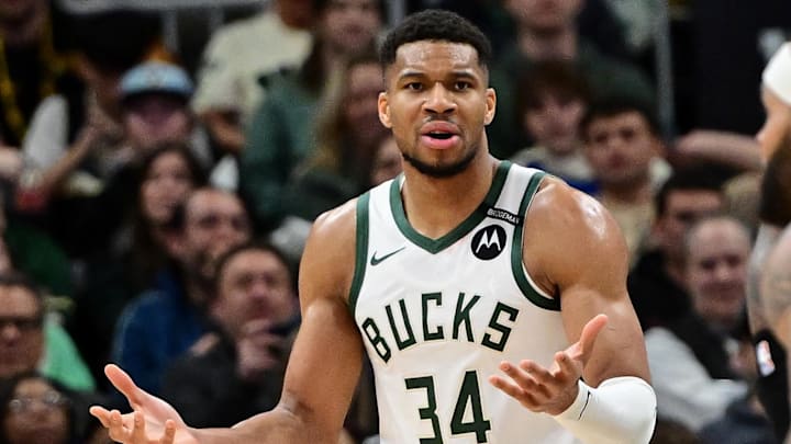 Mar 13, 2025; Milwaukee, Wisconsin, USA; Milwaukee Bucks forward Giannis Antetokounmpo (34) reacts in the third quarter against the Los Angeles Lakers at Fiserv Forum. Mandatory Credit: Benny Sieu-Imagn Images Mar 13, 2025; Milwaukee, Wisconsin, USA; Milwaukee Bucks forward Giannis Antetokounmpo (34) reacts in the third quarter against the Los Angeles Lakers at Fiserv Forum. Mandatory Credit: Benny Sieu-Imagn Images