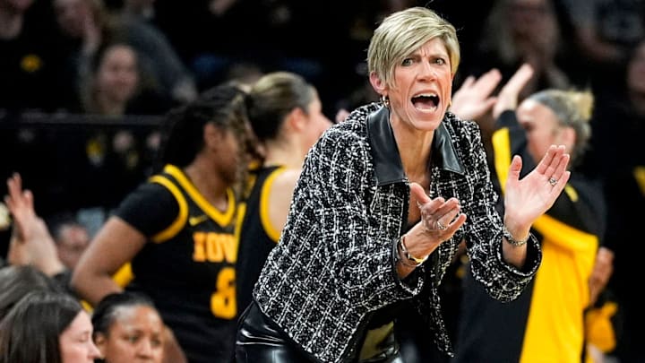 Iowa head coach Jan Jensen reacts during a basketball game against the Oregon Ducks Jan. 15, 2026 at Carver-Hawkeye Arena in Iowa City, Iowa.