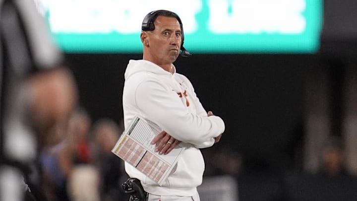 Texas Longhorns head coach Steve Sarkisian looks on in the first half against the Georgia Bulldogs  at Sanford Stadium. 