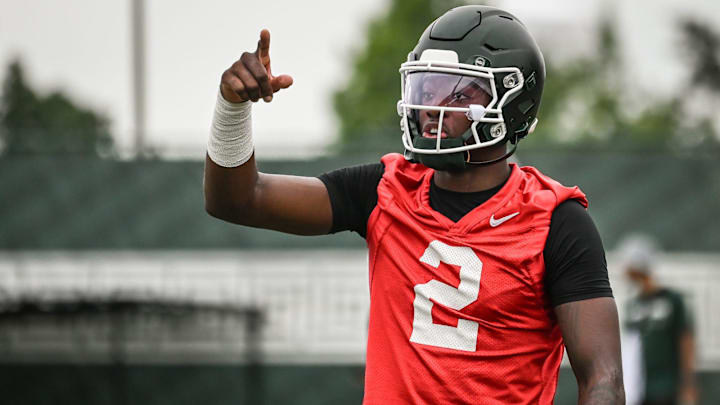 MSU QB Aidan Chiles seen Tuesday, July 29, 2025, during the first day of football practice at the Skandalaris Football Center.