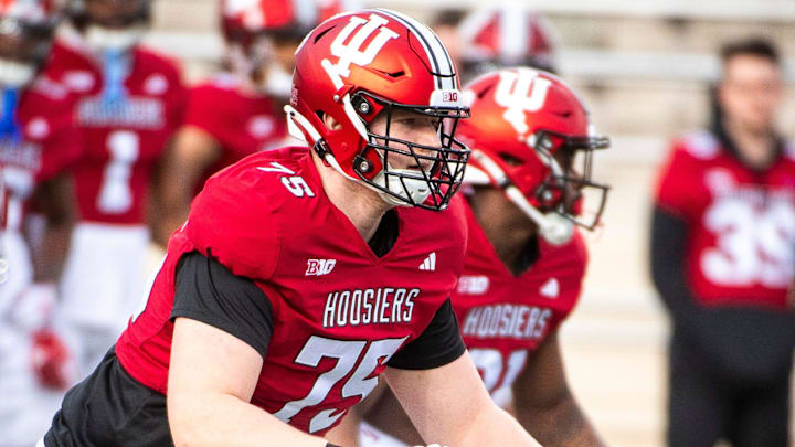 Indiana's Trey Wedig (75) during practice at Memorial Stadium on Tuesday, March 26, 2024. Indiana's Trey Wedig (75) during practice at Memorial Stadium on Tuesday, March 26, 2024.