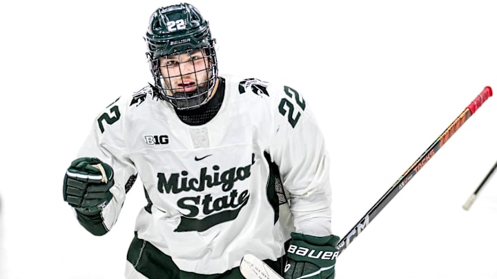 Michigan State's Isaac Howard celebrates his goal during the second period in the game against Ohio State on Saturday, Feb. 24, 2024, at Munn Arena in East Lansing.