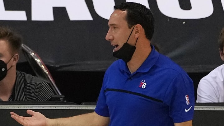 Aug 12, 2021; Las Vegas, Nevada, USA; Philadephia 76ers Summer League head coach Brian Adams reacts during a game against the Atlanta Hawks at Cox Pavilion. Mandatory Credit: Stephen R. Sylvanie-USA TODAY Sports