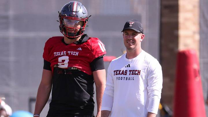 Texas Tech's Brendan Sorsby and offensive coordinator Mack Leftwich look on during spring football practice, Thursday, March 26, 2026, at the Womble Football Center. Texas Tech's Brendan Sorsby and offensive coordinator Mack Leftwich look on during spring football practice, Thursday, March 26, 2026, at the Womble Football Center.