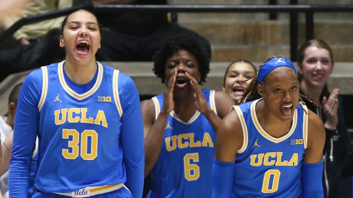 UCLA Bruins forward Timea Gardiner (30), UCLA Bruins forward Zania Socka-Nguemen (6) and UCLA Bruins forward Janiah Barker (0) react after three-pointer Tuesday, Jan. 7, 2025, during NCAA women’s basketball game against the Purdue Boilermakers at Mackey Arena in West Lafayette, Ind. UCLA Bruins forward Timea Gardiner (30), UCLA Bruins forward Zania Socka-Nguemen (6) and UCLA Bruins forward Janiah Barker (0) react after three-pointer Tuesday, Jan. 7, 2025, during NCAA women’s basketball game against the Purdue Boilermakers at Mackey Arena in West Lafayette, Ind.