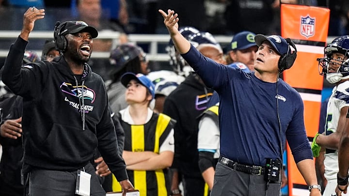 Seattle Seahawks head coach Mike Macdonald reacts to a call during the second half against Detroit Lions at Ford Field in Detroit on Monday, Sept. 30, 2024. Seattle Seahawks head coach Mike Macdonald reacts to a call during the second half against Detroit Lions at Ford Field in Detroit on Monday, Sept. 30, 2024.