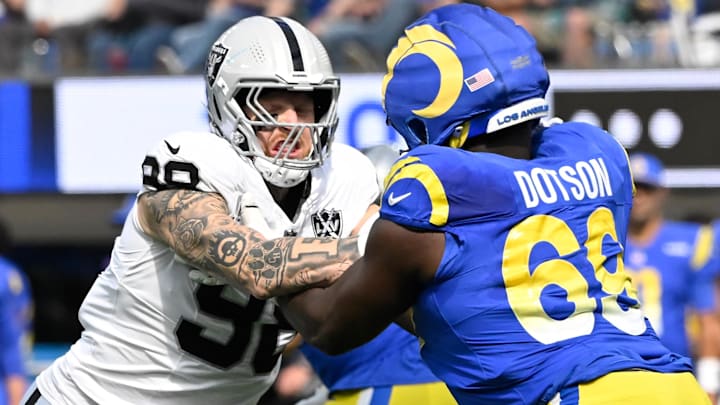 Oct 20, 2024; Inglewood, California, USA; Las Vegas Raiders defensive end Maxx Crosby (98) and Los Angeles Rams guard Kevin Dotson (69) during an NFL game at SoFi Stadium. Mandatory Credit: Robert Hanashiro-Imagn Images Oct 20, 2024; Inglewood, California, USA; Las Vegas Raiders defensive end Maxx Crosby (98) and Los Angeles Rams guard Kevin Dotson (69) during an NFL game at SoFi Stadium. Mandatory Credit: Robert Hanashiro-Imagn Images