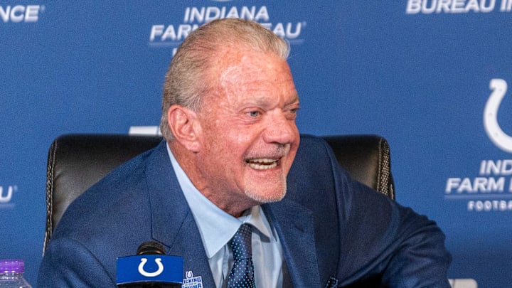 Colts owner Jim Irsay smiles on Monday, Nov. 7, 2022, during a press conference at the Colts headquarters in Indianapolis.
