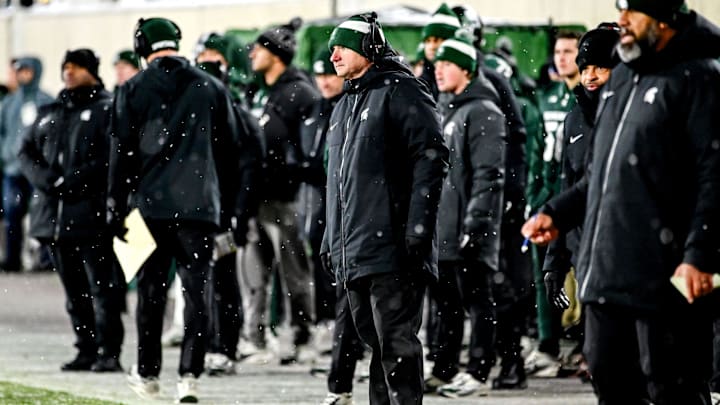 Michigan State's head coach Jonathan Smith looks on from the sideline during the third quarter in the game against Rutgers on Saturday, Nov. 30, 2024, at Spartan Stadium in East Lansing. Michigan State's head coach Jonathan Smith looks on from the sideline during the third quarter in the game against Rutgers on Saturday, Nov. 30, 2024, at Spartan Stadium in East Lansing.