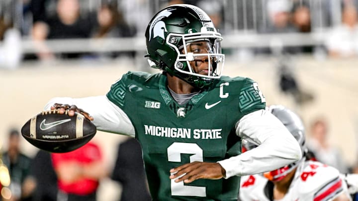 Michigan State's Aidan Chiles throws a pass against Ohio State during the second quarter on Saturday, Sept. 28, 2024, at Spartan Stadium in East Lansing.