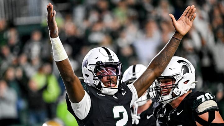 Michigan State's Aidan Chiles celebrates his rushing touchdown against Boston College during the second overtime on Saturday, Sept. 6, 2025, at Spartan Stadium in East Lansing. Michigan State's Aidan Chiles celebrates his rushing touchdown against Boston College during the second overtime on Saturday, Sept. 6, 2025, at Spartan Stadium in East Lansing.
