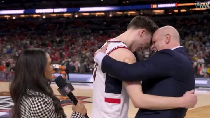 Dan Hurley headbutting Braylon Mullins after UConn’s Final Four win against Illinois. Dan Hurley headbutting Braylon Mullins after UConn’s Final Four win against Illinois.