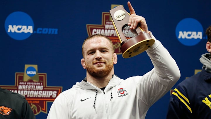 Ohio State's Kyle Snyder (285) celebrates beating Michigan's Adam Conn to win the 285 finals during the 2018 NCAA Division I Wrestling Championships at Quicken Loans Arena in Cleveland, Ohio on March 17, 2018. Ohio State's Kyle Snyder (285) celebrates beating Michigan's Adam Conn to win the 285 finals during the 2018 NCAA Division I Wrestling Championships at Quicken Loans Arena in Cleveland, Ohio on March 17, 2018.
