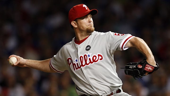 Aug 11, 2009; Chicago, IL, USA; Philadelphia Phillies relief pitcher Brad Lidge delivers a pitch during the ninth inning against the Chicago Cubs at Wrigley Field.