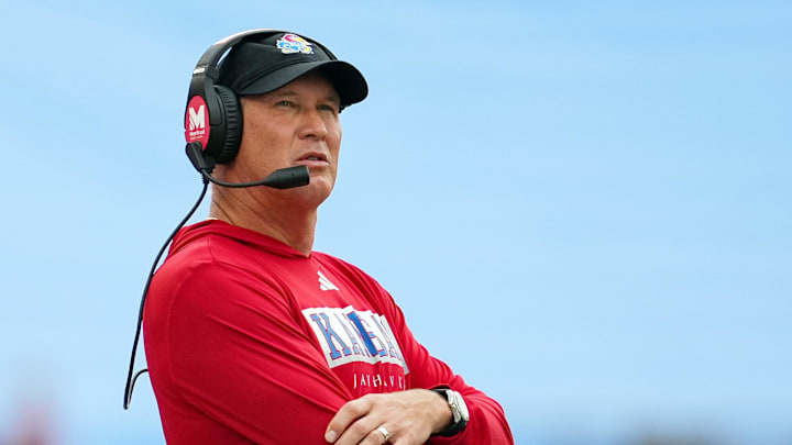 Sep 23, 2023; Lawrence, Kansas, USA; Kansas Jayhawks head coach Lance Leipold reacts during the first half against the Brigham Young Cougars at David Booth Kansas Memorial Stadium. Mandatory Credit: Jay Biggerstaff-Imagn Images Sep 23, 2023; Lawrence, Kansas, USA; Kansas Jayhawks head coach Lance Leipold reacts during the first half against the Brigham Young Cougars at David Booth Kansas Memorial Stadium. Mandatory Credit: Jay Biggerstaff-Imagn Images