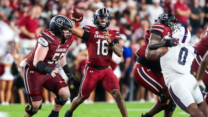 Sep 6, 2025; Columbia, South Carolina, USA; South Carolina Gamecocks quarterback LaNorris Sellers (16) passes against the South Carolina State Bulldogs in the second quarter at Williams-Brice Stadium. Mandatory Credit: Jeff Blake-Imagn Images