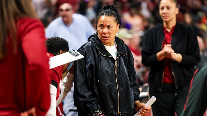 Nov 17, 2024; Columbia, South Carolina, USA; South Carolina Gamecocks head coach Dawn Staley directs her team against the East Carolina Lady Pirates in the second half at Colonial Life Arena. Mandatory Credit: Jeff Blake-Imagn Images