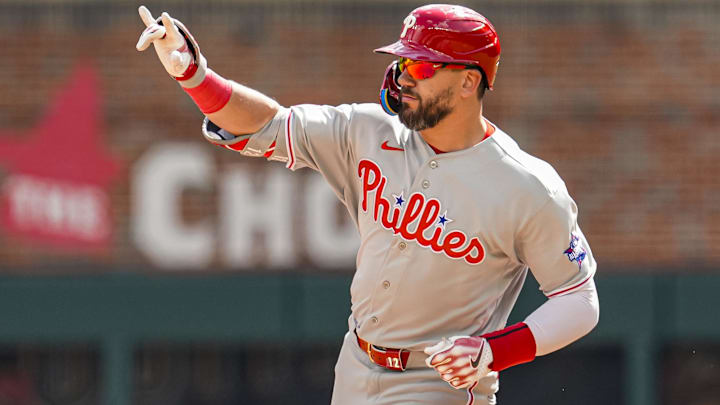 Apr 26, 2026; Cumberland, Georgia, USA; Philadelphia Phillies left fielder Kyle Schwarber (12) reacts as he runs the bases after hitting a home run against the Atlanta Braves during the eighth inning at Truist Park. Apr 26, 2026; Cumberland, Georgia, USA; Philadelphia Phillies left fielder Kyle Schwarber (12) reacts as he runs the bases after hitting a home run against the Atlanta Braves during the eighth inning at Truist Park.