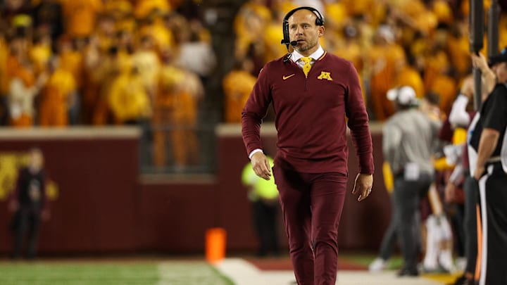 Oct 5, 2024; Minneapolis, Minnesota, USA; Minnesota Golden Gophers head coach P.J. Fleck looks on during the second half against the USC Trojans at Huntington Bank Stadium. Mandatory Credit: Matt Krohn-Imagn Images