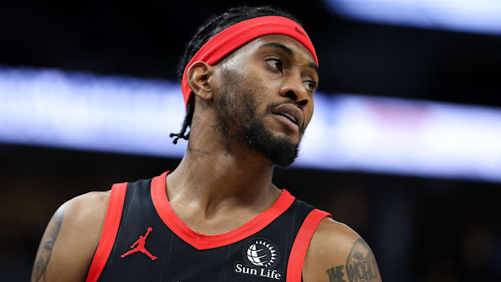 Apr 3, 2024; Minneapolis, Minnesota, USA; Toronto Raptors forward Jalen McDaniels (2) looks on during the fourth quarter against the Minnesota Timberwolves at Target Center. Mandatory Credit: Matt Krohn-Imagn Images