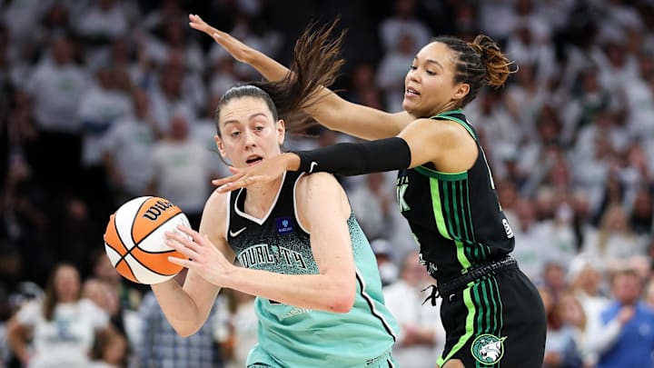 Oct 16, 2024; Minneapolis, Minnesota, USA; Minnesota Lynx forward Napheesa Collier (24) defends against New York Liberty forward Breanna Stewart (30) during the second half of game three of the 2024 WNBA Finals at Target Center. Mandatory Credit: Matt Krohn-Imagn Images