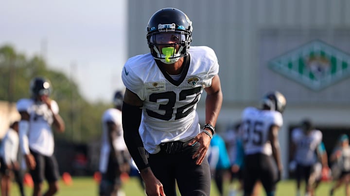 Jacksonville Jaguars cornerback Tyson Campbell (32) gets up from tackling drills Tuesday, Aug. 1.
