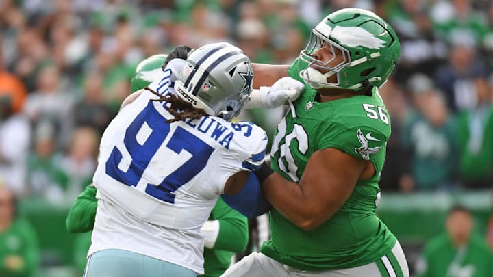 Dec 29, 2024; Philadelphia, Pennsylvania, USA; Philadelphia Eagles guard Tyler Steen (56) blocks Dallas Cowboys defensive tackle Osa Odighizuwa (97) at Lincoln Financial Field. Mandatory Credit: Eric Hartline-Imagn Images