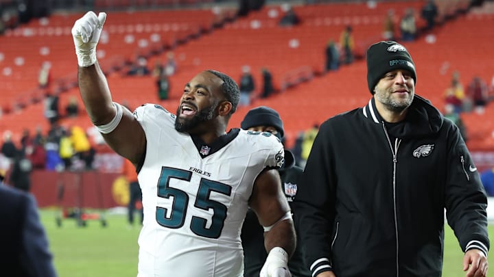 Dec 20, 2025; Landover, Maryland, USA; Philadelphia Eagles defensive end Brandon Graham (55) celebrates after defeating the Washington Commanders at Northwest Stadium. Mandatory Credit: Geoff Burke-Imagn Images