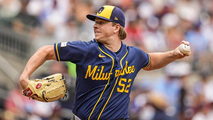 Jun 20, 2026; Cumberland, Georgia, USA; Milwaukee Brewers pitcher Kyle Harrison (52) pitches against the Atlanta Braves during the first inning at Truist Park. Mandatory Credit: Dale Zanine-Imagn Images