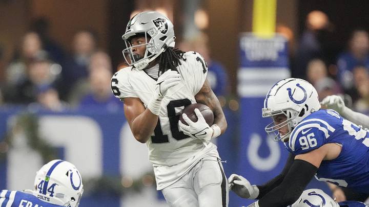 Dec 31, 2023; Indianapolis, Indiana, USA; Indianapolis Colts defenders including Indianapolis Colts linebacker Zaire Franklin (44), Indianapolis Colts defensive tackle Taven Bryan (96) and Indianapolis Colts linebacker E.J. Speed (45) move in on Las Vegas Raiders wide receiver Jakobi Meyers (16) during a game against the Las Vegas Raiders at Lucas Oil Stadium. Mandatory Credit: Bob Scheer-USA TODAY Sports Dec 31, 2023; Indianapolis, Indiana, USA; Indianapolis Colts defenders including Indianapolis Colts linebacker Zaire Franklin (44), Indianapolis Colts defensive tackle Taven Bryan (96) and Indianapolis Colts linebacker E.J. Speed (45) move in on Las Vegas Raiders wide receiver Jakobi Meyers (16) during a game against the Las Vegas Raiders at Lucas Oil Stadium. Mandatory Credit: Bob Scheer-USA TODAY Sports