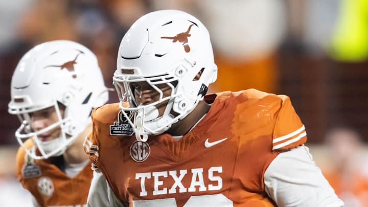 Dec 21, 2024; Austin, Texas, USA; Texas Longhorns offensive lineman Kelvin Banks Jr. (78) against the Clemson Tigers during the CFP National playoff first round at Darrell K Royal-Texas Memorial Stadium. Mandatory Credit: Mark J. Rebilas-Imagn Images