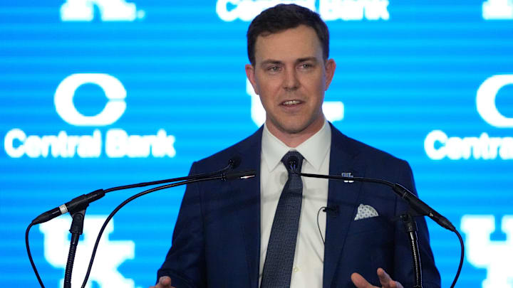 New Kentucky Wildcat head coach Will Stein makes remarks as he is introduced at Kentucky on Wednesday, December 3, 2025