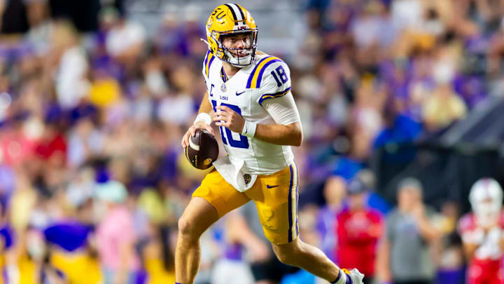Tigers Quarterback Garrett Nussmeier 18, LSU Tigers take on the Louisiana Tech. Sept 6, 2025; Baton Rouge, Louisiana, USA; at Tiger Stadium.