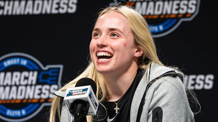 TCU guard Hailey Van Lith (10) speaks to the media during a press conference ahead of the Regional Finals of the NCAA Women's Tournament in Birmingham, Alabama, March 30, 2025. TCU will face the Texas Longhorns in the Elite Eight on Monday night.