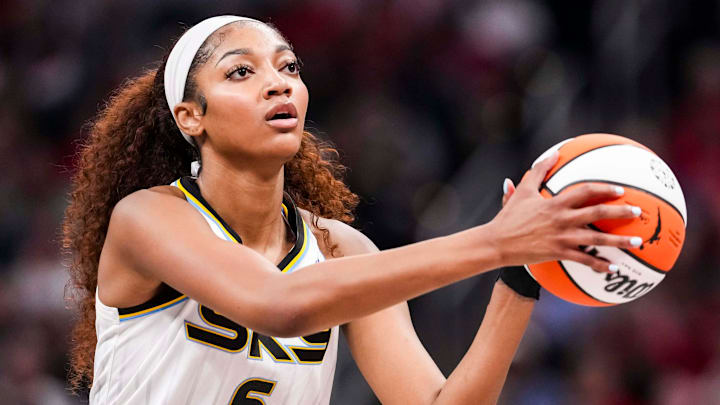 Chicago Sky forward Angel Reese (5) looks to shoot a basket Saturday, May 17, 2025, during a game between the Indiana Fever and the Chicago Sky at Gainbridge Fieldhouse in Indianapolis. The Indiana Fever defeated the Chicago Sky, 93-58. Chicago Sky forward Angel Reese (5) looks to shoot a basket Saturday, May 17, 2025, during a game between the Indiana Fever and the Chicago Sky at Gainbridge Fieldhouse in Indianapolis. The Indiana Fever defeated the Chicago Sky, 93-58.