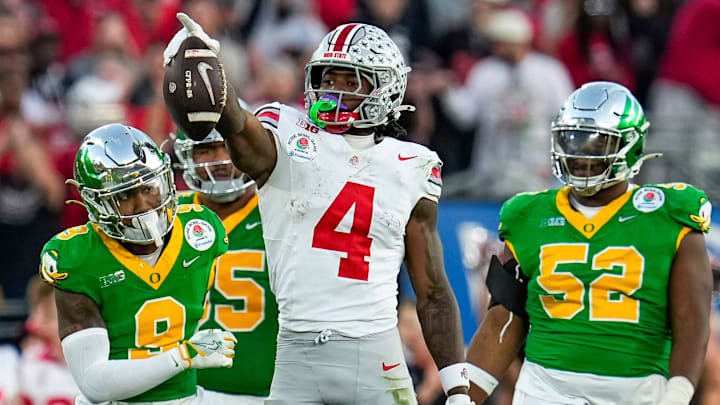 Ohio State Buckeyes wide receiver Jeremiah Smith (4) celebrates during the College Football Playoff quarterfinal