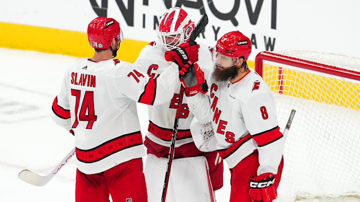 Feb 17, 2024; Las Vegas, Nevada, USA; Carolina Hurricanes goaltender Spencer Martin (41) celebrates